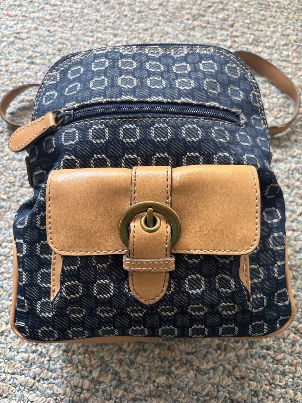Nine West Navy denim Patterned mini Backpack with Tan faux leather Trim